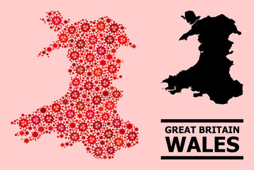 Vector covid-2019 mosaic map of Wales organized for doctor projects. Red mosaic map of Wales is designed from biological hazard covid-2019 pathogen cells.