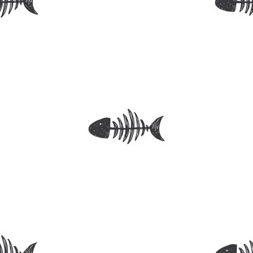 Fish bones Seamless pattern. Fish skeleton sketch, Hand drawn Cartoon Vector illustration