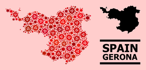 Vector covid-2019 collage map of Gerona Province organized for health care applications. Red mosaic map of Gerona Province is organized with biohazard covid-2019 viral elements.