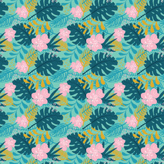 Tropical plants seamless pattern vector illustration. Exotic natural palm leaves wallpaper background