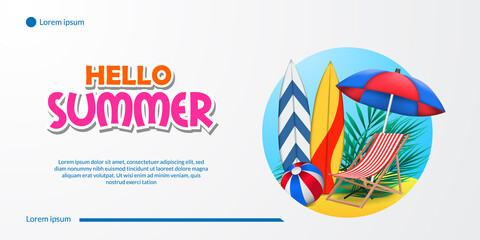 Hello summer banner with vacation sand beach coast with surfboard, umbrella, chair, and ball landscape illustration