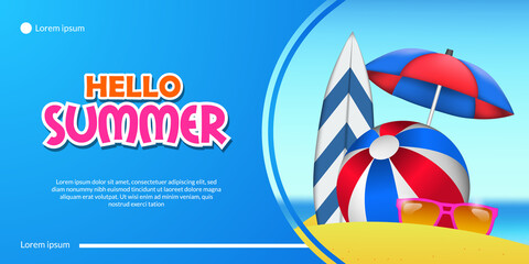 Hello summer banner with vacation sand beach coast with surfboard, umbrella, and ball landscape illustration