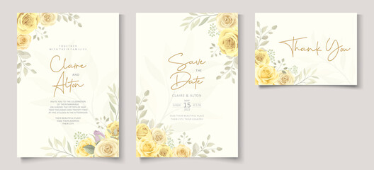 Fototapeta na wymiar Beautiful wedding invitation template with hand drawn yellow roses