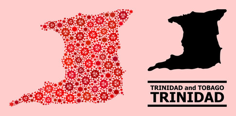 Vector covid-2019 collage map of Trinidad Island organized for hospital advertisement. Red mosaic map of Trinidad Island is done with biological hazard covid-2019 infection cells.