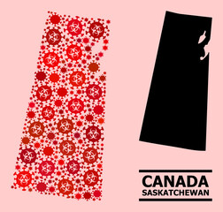 Vector coronavirus mosaic map of Saskatchewan Province designed for pandemic posters. Red mosaic map of Saskatchewan Province is created of biohazard coronavirus pathogen icons.