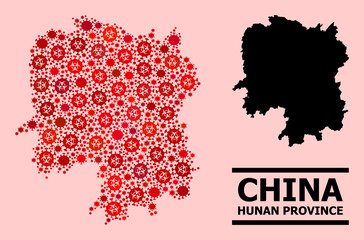 Vector covid-2019 collage map of Hunan Province constructed for pandemic wallpapers. Red mosaic map of Hunan Province is made with biohazard covid-2019 infection cells.