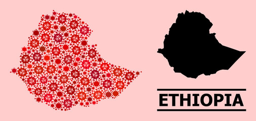 Vector covid-2019 collage map of Ethiopia designed for vaccination purposes. Red mosaic map of Ethiopia is designed of biological hazard covid-2019 viral icons.