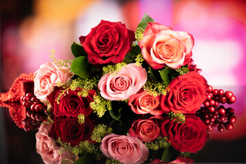 Mother’s day gift.  Bunch of roses on the bokeh background. 
