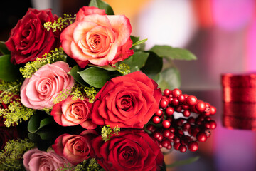 Mother’s day gift.  Bunch of roses on the bokeh background. 