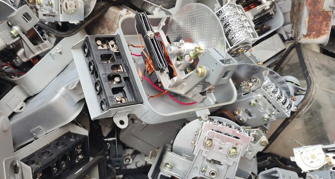 The electric meter are damages placed in many crates.