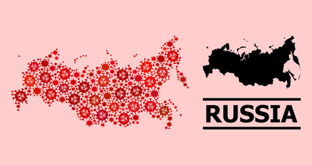 Vector covid mosaic map of Russia designed for vaccination wallpapers. Red mosaic map of Russia is done of biohazard covid viral elements.