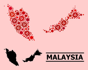 Vector covid mosaic map of Malaysia designed for pharmacy applications. Red mosaic map of Malaysia is made of biohazard covid-2019 viral elements.