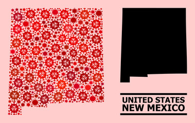Vector covid-2019 collage map of New Mexico State created for lockdown advertisement. Red mosaic map of New Mexico State is formed with biological hazard covid-2019 infection elements.