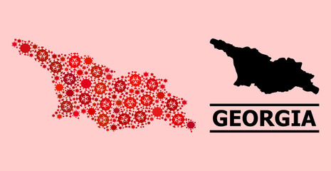 Vector covid mosaic map of Georgia combined for vaccination advertisement. Red mosaic map of Georgia is composed of biohazard covid pathogen elements.
