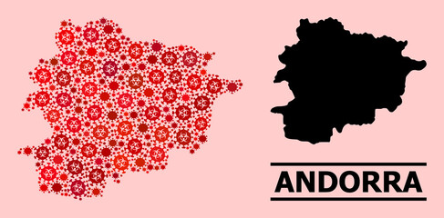 Vector covid-2019 mosaic map of Andorra organized for vaccination advertisement. Red mosaic map of Andorra is organized of biological hazard flu viral items.