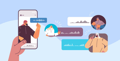 arabic people communicating in instant messengers by voice messages audio chat application online communication