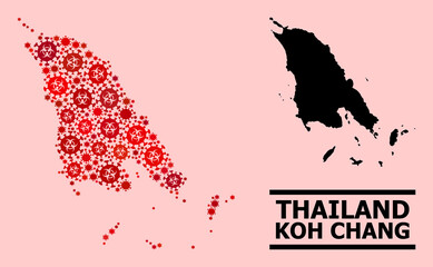 Vector covid collage map of Koh Chang designed for pandemic applications. Red mosaic map of Koh Chang is designed with biological hazard covid-2019 viral elements.