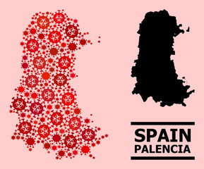 Obraz premium Vector covid-2019 mosaic map of Palencia Province combined for lockdown projects. Red mosaic map of Palencia Province is done from biohazard coronavirus viral elements.