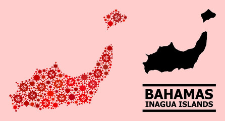Vector covid mosaic map of Inagua Islands combined for hospital purposes. Red mosaic map of Inagua Islands is composed with biological hazard covid-2019 infection cells.