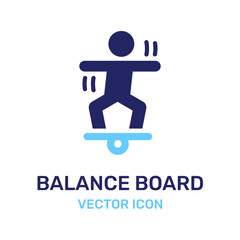Man playing wooden balance board isolated on white background. Vector icon illustration