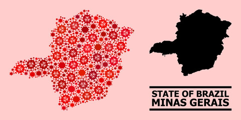 Obraz premium Vector covid-2019 composition map of Minas Gerais State organized for medicare applications. Red mosaic map of Minas Gerais State is made with biological hazard covid-2019 infection items.