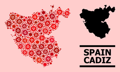 Vector covid-2019 collage map of Cadiz Province done for vaccination wallpapers. Red mosaic map of Cadiz Province is shaped from biological hazard covid-2019 infection items. © Sergey