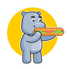Cute hippopotamus eat big sandwich. Hippo eat fast food logo. Modern vector illustration