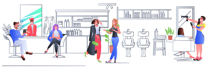 people discussing during meeting in beauty salon hairdresser making hair style to client