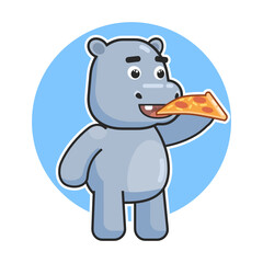 Cute hippopotamus eat pizza pie. Hippo eat fast food logo. Modern vector illustration
