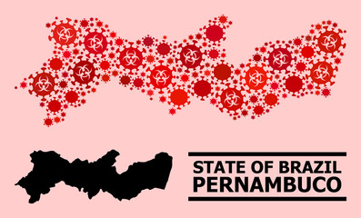 Vector covid-2019 mosaic map of Pernambuco State done for hospital projects. Red mosaic map of Pernambuco State is done with biological hazard covid pathogen items.