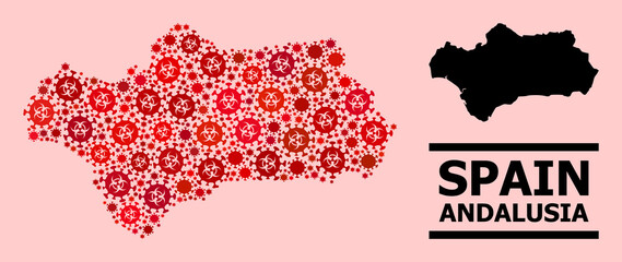 Vector covid-2019 mosaic map of Andalusia Province created for lockdown wallpapers. Red mosaic map of Andalusia Province is done of biological hazard covid viral items.