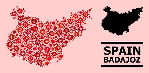 Vector covid-2019 mosaic map of Badajoz Province created for doctor advertisement. Red mosaic map of Badajoz Province is created from biological hazard covid pathogen items.