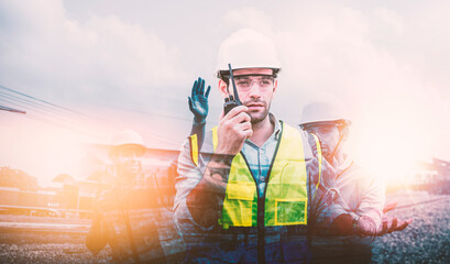 Double exposure of engineer caucasian man using walkie-talkie talking in the work site, abstract design.	