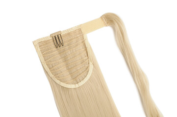 closeup texture of wrap round clip in straight platinum blonde synthetic ponytail hair extensions