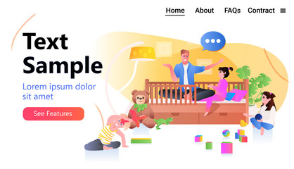 Naklejka premium young father playing with little children at home fatherhood parenting concept dad spending time with his kids