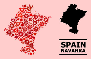 Vector covid mosaic map of Navarra Province designed for doctor advertisement. Red mosaic map of Navarra Province is designed of biohazard covid viral parts.