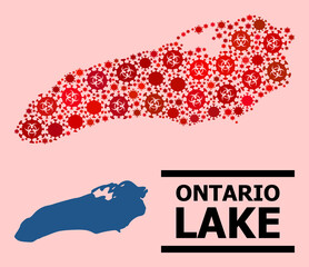 Vector covid-2019 mosaic map of Ontario Lake constructed for health care posters. Red mosaic map of Ontario Lake is composed from biohazard covid infection cells.