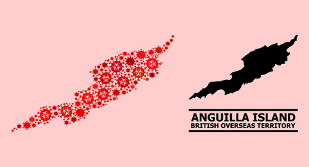 Vector covid collage map of Anguilla Island constructed for lockdown advertisement. Red mosaic map of Anguilla Island is constructed from biological hazard covid-2019 viral parts.
