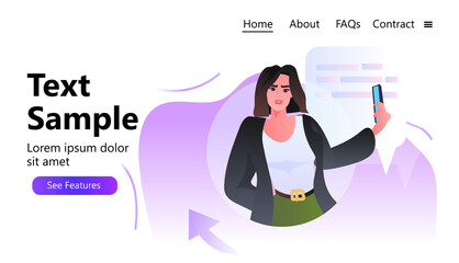 woman using mobile messenger app social media network online communication concept