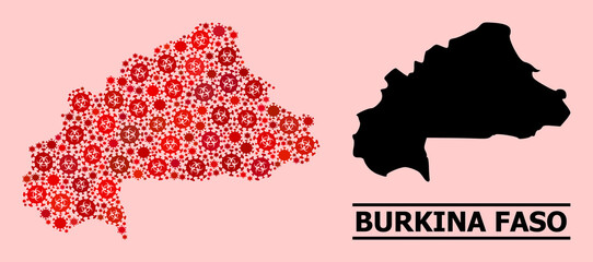 Vector covid-2019 mosaic map of Burkina Faso designed for hospital illustrations. Red mosaic map of Burkina Faso is designed with biological hazard coronavirus viral items.