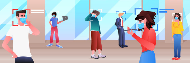 detection and identification of businesspeople in masks facial recognition system AI analyze big data concept