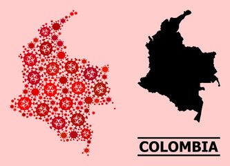 Vector covid composition map of Colombia created for lockdown posters. Red mosaic map of Colombia is created with biohazard coronavirus infection cells.