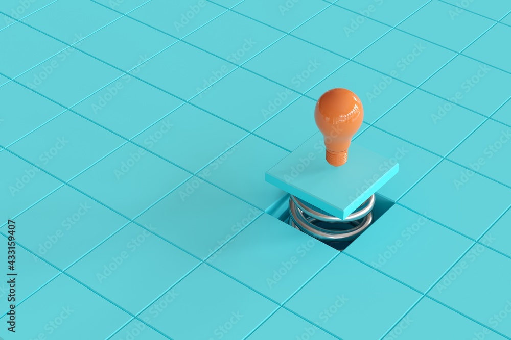 Poster outstanding orange light bulb color put on blue grid top chrome spring. minimal conceptual idea. 3d 