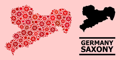 Vector coronavirus mosaic map of Saxony State done for health care purposes. Red mosaic map of Saxony State is shaped from biological hazard coronavirus pathogen cells.