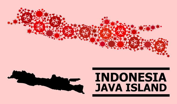 Vector covid-2019 mosaic map of Java Island organized for lockdown purposes. Red mosaic map of Java Island is organized of biological hazard covid-2019 viral items.