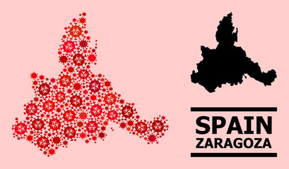 Vector covid-2019 mosaic map of Zaragoza Province created for pandemic advertisement. Red mosaic map of Zaragoza Province is organized from biological hazard covid-2019 infection cells.