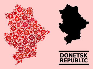 Vector covid-2019 composition map of Donetsk Republic created for medicare illustrations. Red mosaic map of Donetsk Republic is formed from biohazard covid-2019 infection parts.