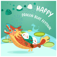 Celebrating dragon boat festival dragon boat race and zongzi background free vector