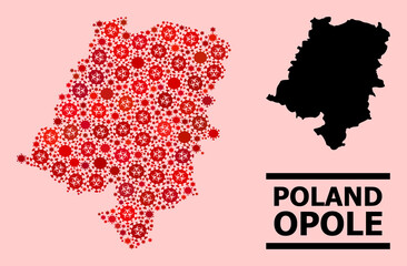 Vector covid mosaic map of Opole Province done for vaccination advertisement. Red mosaic map of Opole Province is done of biohazard covid pathogen icons.