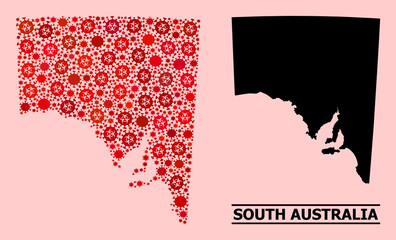 Vector covid-2019 mosaic map of South Australia combined for hospital wallpapers. Red mosaic map of South Australia is composed with biological hazard covid infection parts.